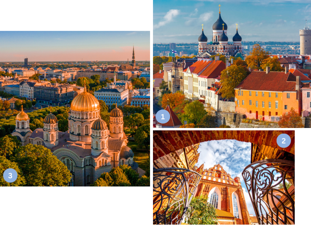 Collage mit den drei Hauptstädten des Baltikums: Tallinn mit der russisch-orthodoxen Alexander-Newski-Kathedrale und mittelalterlichen Häusern, Vilnius mit der gotischen St.-Anna-Kirche in warmem Backsteinrot und Riga mit der markanten goldenen Kuppel der orthodoxen Christi-Geburts-Kathedrale.