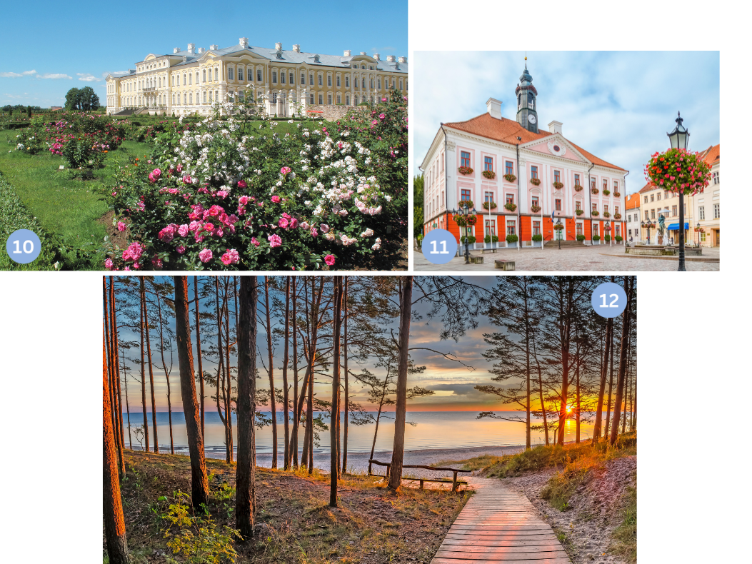 Collage mit drei Eindrücken aus dem Baltikum: Das Barockschloss Rundale in Lettland mit prachtvollen Gärten, das Rathaus von Tartu in Estland mit klassizistischer Fassade und ein Küstenbild mit Dünen, Wald und Sonnenuntergang am Strand.