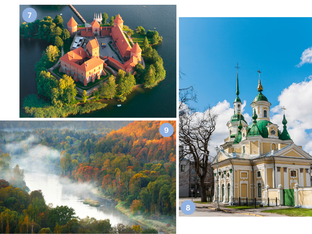 Collage mit drei Motiven: Die Wasserburg Trakai als mittelalterliche Inselburg in Litauen, eine barocke Kirche mit grünen Zwiebeltürmen in Lettland sowie ein Blick auf den Gauja-Nationalpark mit dichtem Wald und Flusslauf im Morgennebel.
