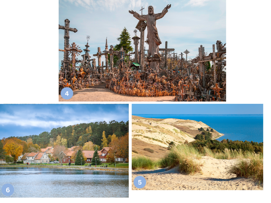 Collage mit Highlights aus Litauen: Der Berg der Kreuze mit Tausenden von Kreuzen als Pilgerstätte, die Kurische Nehrung mit goldgelben Dünen und weiter Sicht auf die Ostsee sowie ein idyllisches Dorf mit traditionellen Holzhäusern am Wasser, umgeben von herbstlich gefärbten Wäldern.