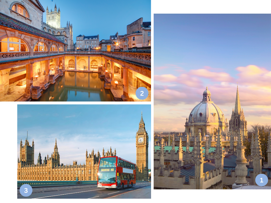 Collage mit drei Höhepunkten in England: Oxford mit der markanten Radcliffe Camera und gotischer Architektur, die römischen Bäder in Bath mit beleuchteten Arkaden am Abend sowie London mit Big Ben, den Houses of Parliament und einem roten Doppeldeckerbus.