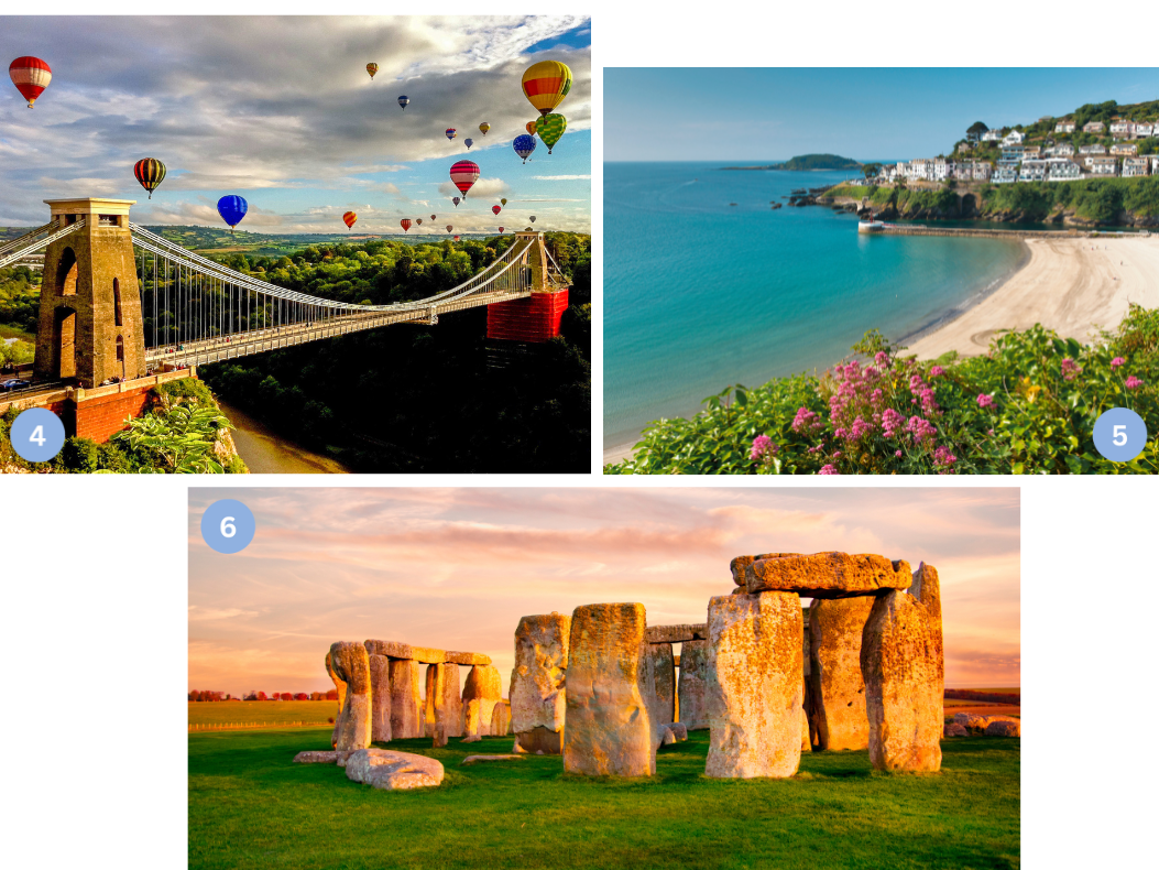 Collage mit drei Facetten Englands: Bristol mit der Clifton Suspension Bridge und bunten Heißluftballons, die Küste von Cornwall mit Sandstrand und Blumen im Vordergrund sowie das prähistorische Stonehenge im Abendlicht.