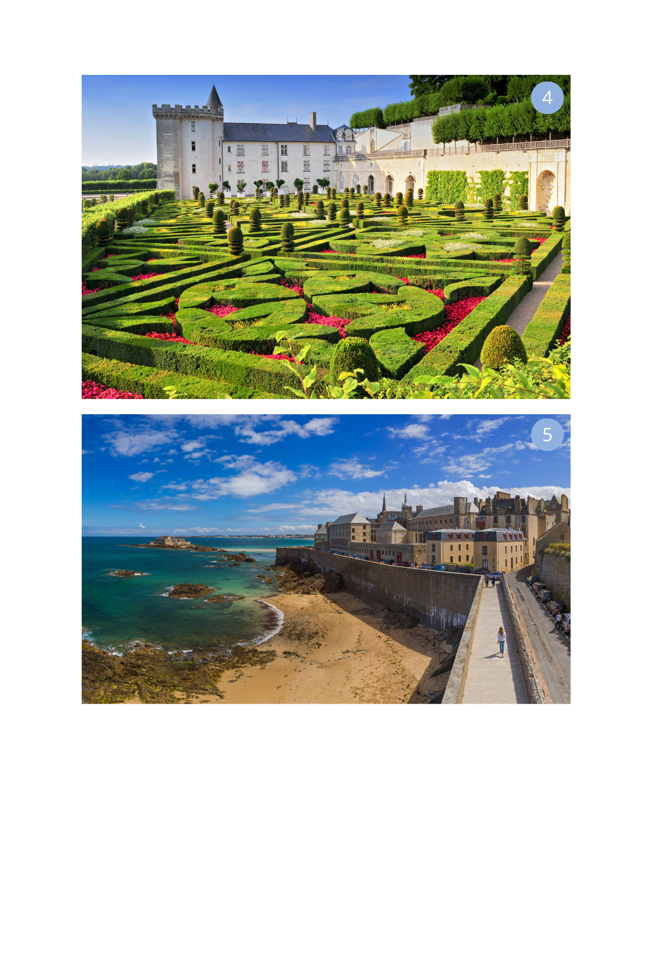 Collage mit Sehenswürdigkeiten in Frankreich: das Schloss Villandry mit seinen kunstvoll angelegten Renaissancegärten an der Loire sowie die befestigte Altstadt von Saint-Malo an der bretonischen Küste mit Stadtmauer, Strand und Meerblick.