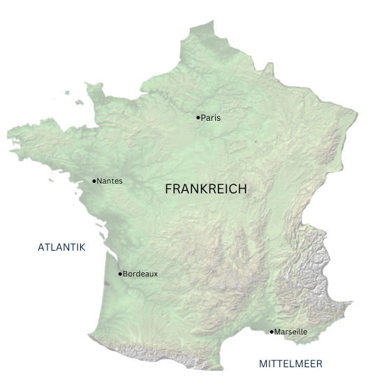 Geografische Karte von Frankreich mit wichtigen Städten wie Paris, Nantes, Bordeaux und Marseille sowie Kennzeichnung von Atlantik und Mittelmeer.