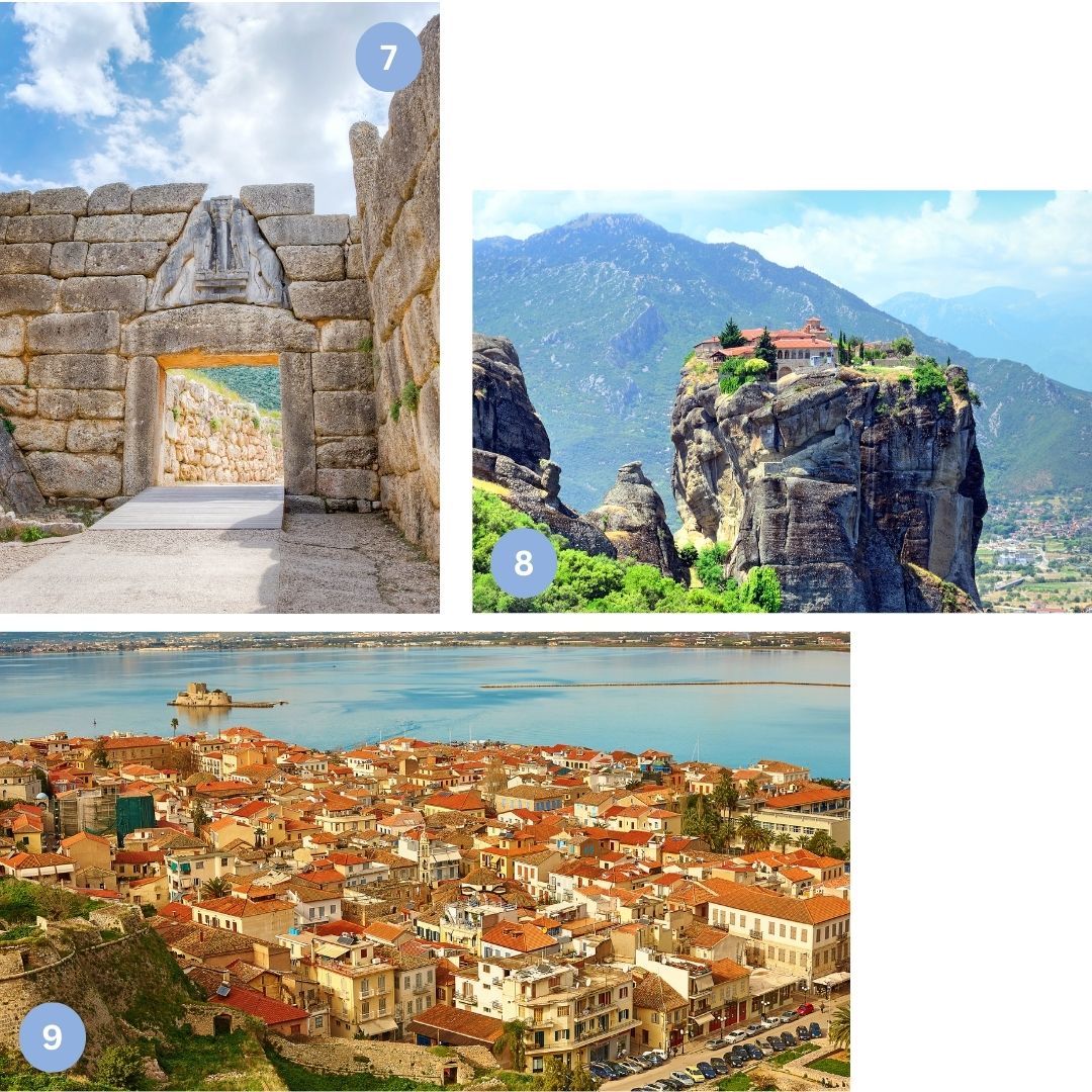 Auf dem Bild sind 3 kleinere Bilder zu erkennen: Das berühmte Löwentor von Mykene in Griechenland mit monumentalen Steinquadern und dem Relief zweier Löwenfiguren über dem Torbogen. Ein weiteres Bild zeigt ein Kloster der Meteora in Zentralgriechenland, das spektakulär auf einem hohen Felsen thront und von grünen Bergen umgeben ist. Das dritte Bild zeigt die Stadt Nafplio am Meer mit ihren roten Ziegeldächern, engen Gassen, der venezianischen Festung Palamidi und der kleinen Bourtzi-Festung auf einer Insel im Wasser.