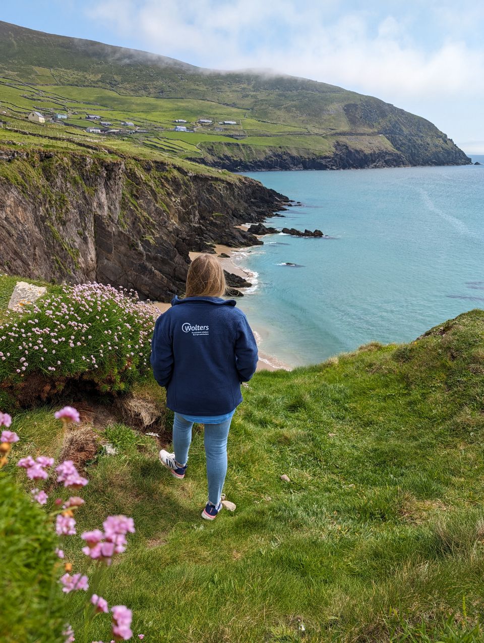 Von einem Aussichtspunkt an den Klippen blickt eine Frau auf den malerischen Coumeenoole Beach auf der Dingle-Halbinsel in Irland. Die Aufnahme fängt die spektakuläre Schönheit der Bucht mit ihrem türkisfarbenen Wasser und den saftig grünen Hängen perfekt ein und repräsentiert die Schönheit des Wild Atlantic Way.