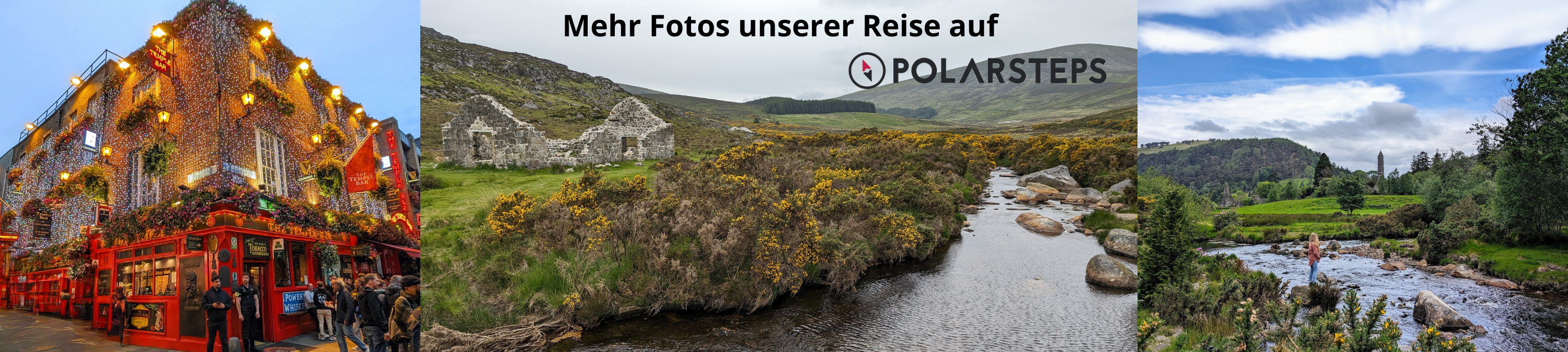 Als Zusammenfassung einer Reise nach Irland dient diese Collage. Die Bilder spiegeln die Vielfalt des Landes wider, vom lebhaften Nachtleben im Temple Bar Pub in Dublin bis zur ruhigen und historischen Landschaft des Wicklow-Mountains-Nationalparks.