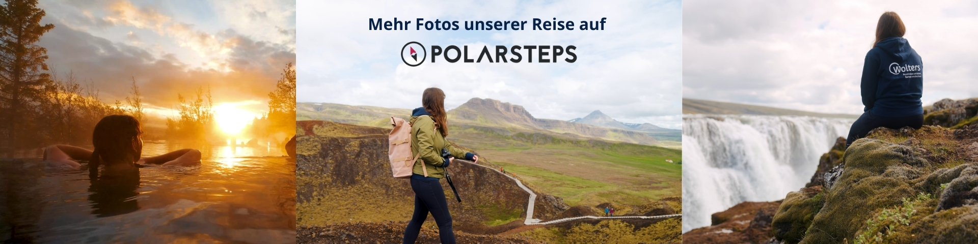 Als visuelles Tagebuch fasst diese Collage eine Island-Reise zusammen. Die drei Bilder zeigen die Vielfalt des Landes – von der entspannenden Wärme eines Thermalbades über das Wandern an einem Vulkankrater bis hin zur majestätischen Kraft des Goðafoss-Wasserfalls.