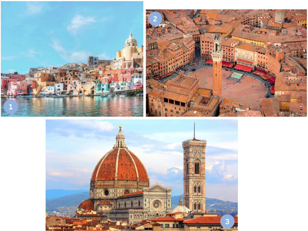 Collage mit Highlights aus Mittelitalien: Bunte Häuser am Hafen von Procida, die Piazza del Campo mit Torre del Mangia in Siena sowie die Kathedrale Santa Maria del Fiore mit der berühmten Kuppel in Florenz.