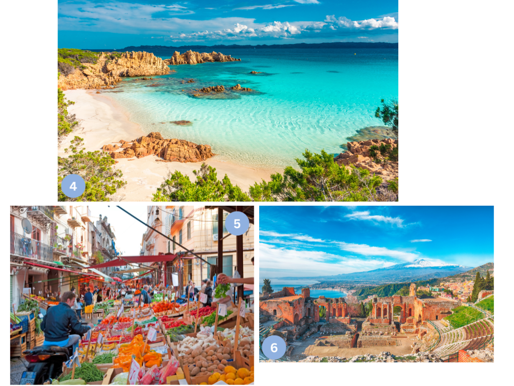 Collage mit typischen Erlebnissen in Italien: Karibikähnlicher Strand auf Sardinien, bunter Markt mit frischem Obst und Gemüse in Sizilien sowie das antike Theater von Taormina mit Blick auf den Ätna.
