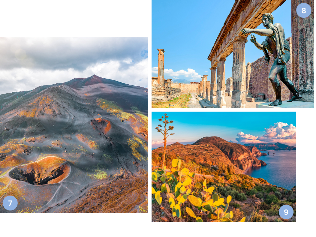 Collage mit Eindrücken aus Süditalien: Der Vulkan Ätna auf Sizilien mit seinen Kratern, antike Ruinen in Pompeji mit Statue und Tempel sowie die Küste der Liparischen Inseln mit beeindruckender Natur.