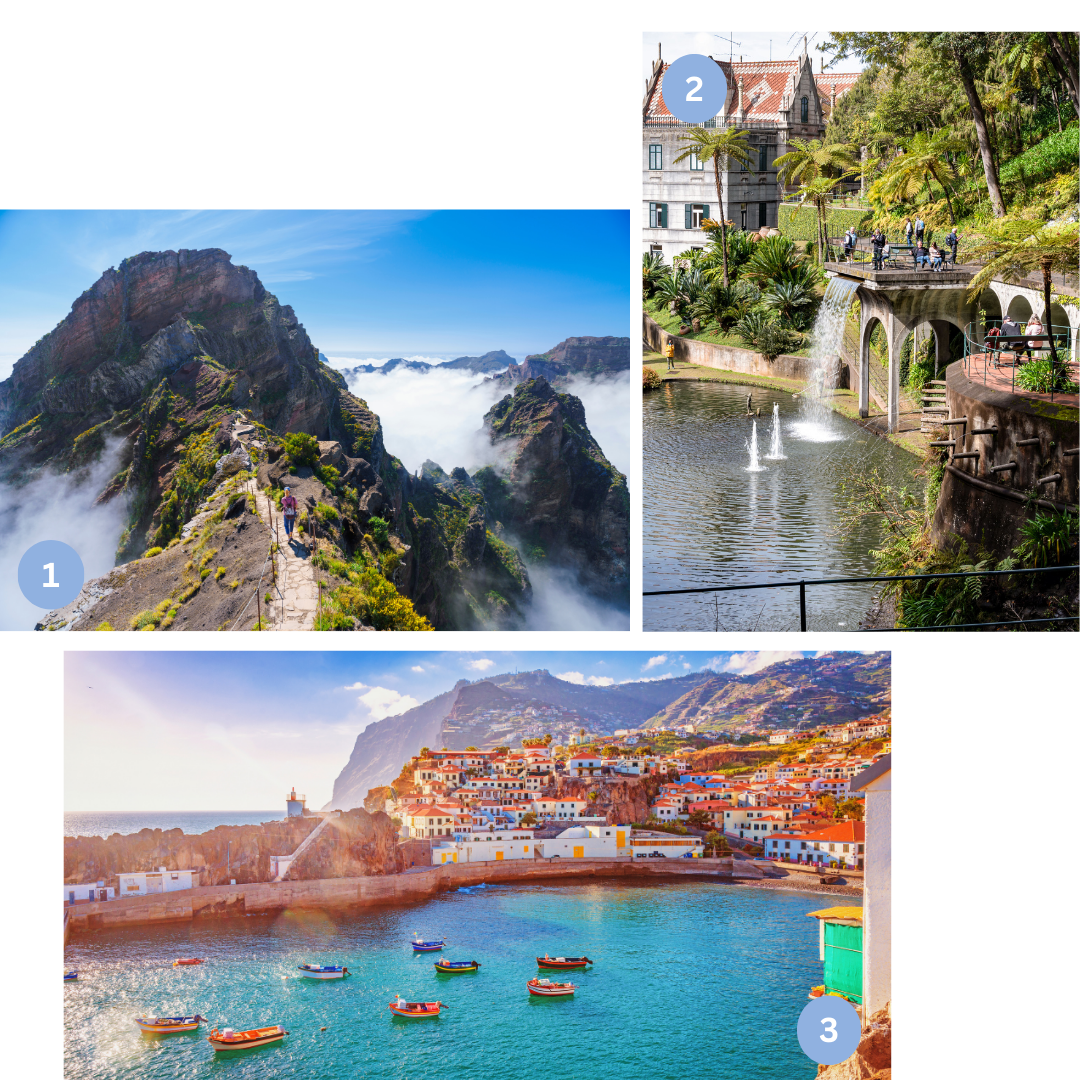 Auf dem Bild sieht man drei kleinere Bilder. Einmal den hohen Gipfel Pico de Arieiro auf Madeira, dann Madeiras Hauptstadt Funchal und die Camara de Lobos auf Madeira, das älteste Fischerdorf. 