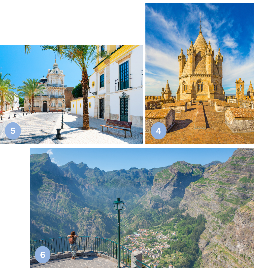 Das Bild zeigt drei kleine Bilder. Eins ist ein Bild der portugiesischen UNESCO Stadt Évora, die Hauptstadt der Algarve Portugals Faro und das Nonnental Curral das Freiras auf Madeira. 