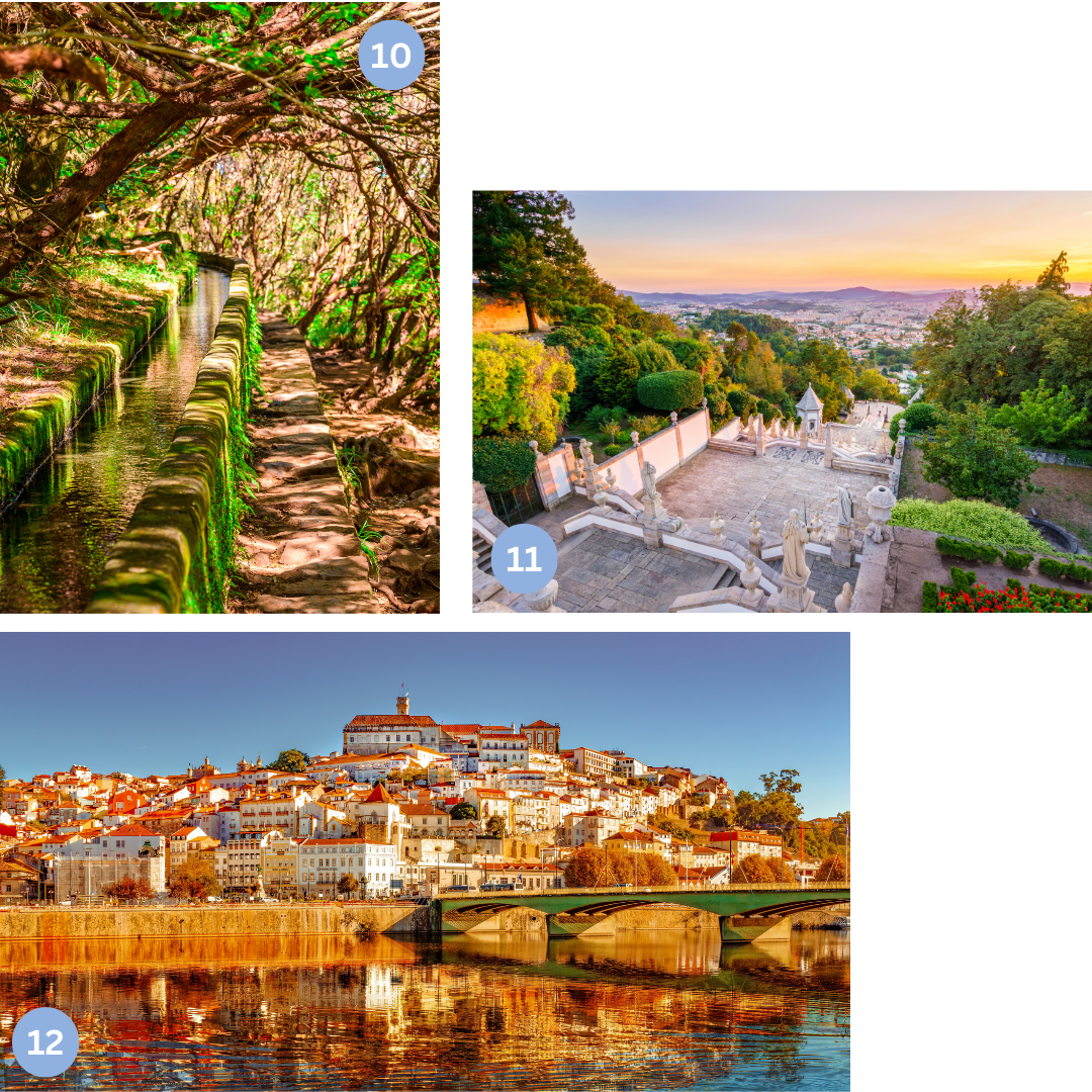 Auf diesem Bild sind drei kleinere Bilder zu erkennen. Auf dem ersten Bild erkennt man die Levada dos Marocos, ein Wanderweg im Tal von Machico auf Madeira. Er verläuft unter Bäumen entlang der Bewässerungskanäle. Auf dem zweiten Bild sieht man eine der ältesten Städte Portugals, Braga. Das dritte Bild zeigt Coimbra, eine portugiesische Stadt am Fluss Mondego. Das Bild zeigt den Blick auf die Stadt vom Fluss aus. 