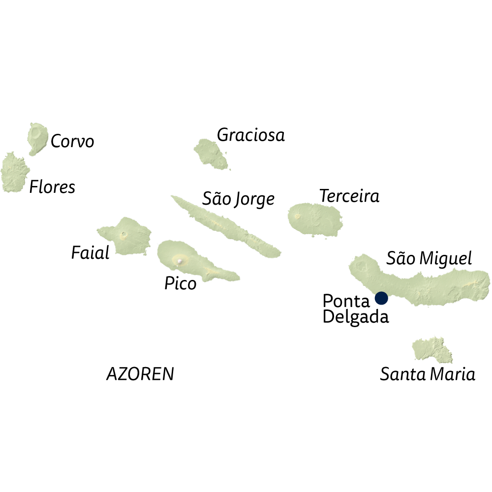 Karte der Azoren im Atlantik mit allen neun Inseln: São Miguel, Pico, Terceira, Faial, Flores, Corvo, São Jorge, Graciosa und Santa Maria. 