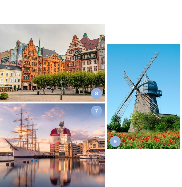 Collage mit dem Hafen von Göteborg, bunten Altstadthäusern in Malmö und einer alten Windmühle auf einem blühenden Feld - zeigt Kultur, Geschichte und Landschaft Südschwedens.