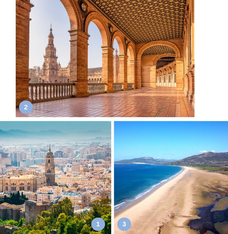 Die Collage zeigt drei typische Motive aus Andalusien: den historischen Glockenturm der Kathedrale von Málaga mit Blick über die Stadt, die beeindruckenden Arkaden des Plaza de Espana in Sevilla und den weiten Strand von Tarifa an der südlichsten Spitze Spaniens. Diese Bilder verbinden Kultur, Architektur und Küstenlandschaft zu einer Inspiration für Reisen nach Südspanien - perfekt für einen Urlaub zwischen Stadtleben, Sehenswürdigkeiten und Meer.