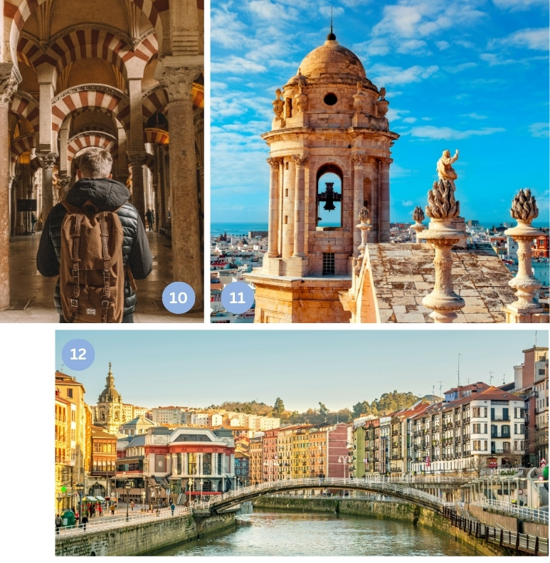 In der Collage sind die farbenprächtigen Bögen der Mezquita von Córdoba, der barocke Glockenturm der Kathedrale von Cádiz und die Altstadt von Bilbao mit der Brücke über den Nervión zu sehen. Die Bildauswahl zeigt die kulturelle Bandbreite Spaniens - von andalusischer Geschichte über maritime Architektur bis hin zu nordspanischem Charme - und inspiriert zu Städtereisen und Rundreisen durch das Land.