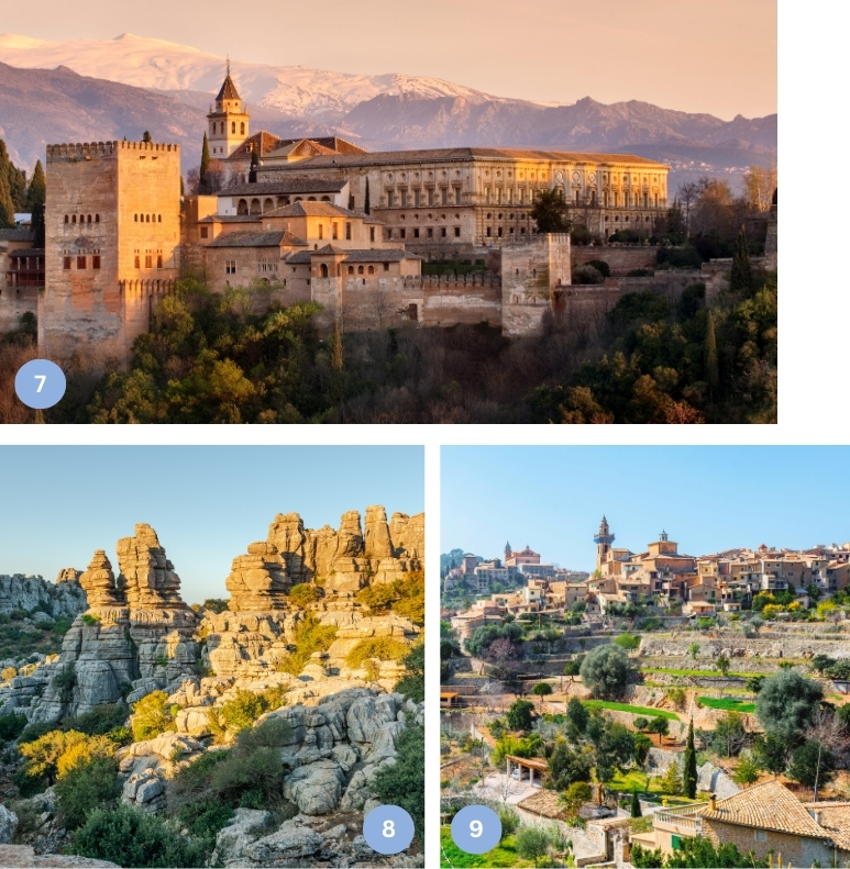 Die Collage zeigt die Alhambra von Granada mit der Sierra Nevada im Hintergrund, die beeindruckenden Karstfelsen im Naturpark El Torcal de Antequera und das malerische Bergdorf Valldemossa auf Mallorca. Diese Motive verkörpern Spaniens reiche Geschichte, Naturwunder und mediterranes Lebensgefühl - ein ideales Ziel für Kulturreisen, Wanderurlaub und entspannte Auszeiten im Süden Europas.