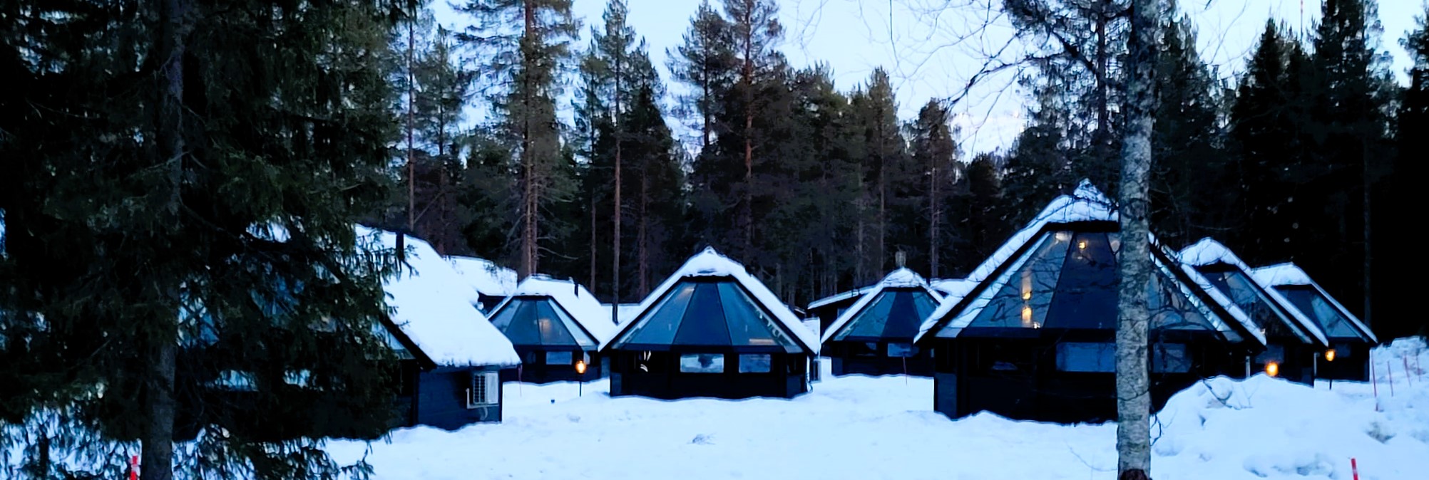 In diesem Bild sehen Sie eine Gruppe moderner Glas-Iglus im Northern Lights Village, in Pyhä, Finnland, während der Abenddämmerung. Zu erkennen sind die speziellen Hütten in einer tief verschneiten Waldlandschaft, die von innen beleuchtet sind und eine magische Atmosphäre schaffen, ideal für die Beobachtung der Nordlichter.
