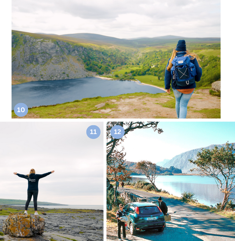 Collage mit den Wicklow Mountains, der Burrenregion und dem Glenveagh Nationalpark – abwechslungsreiche Wander- und Naturparadiese in Irland.