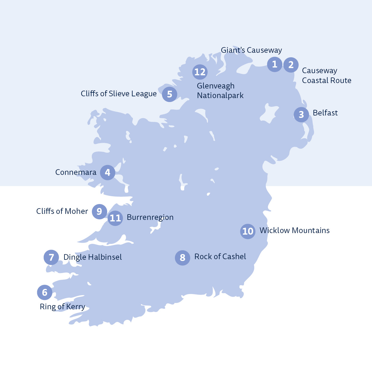 Karte von Irland mit den wichtigsten Sehenswürdigkeiten und Reisezielen wie Giant’s Causeway, Cliffs of Moher, Ring of Kerry und Dublin – praktische Übersicht für Urlauber.