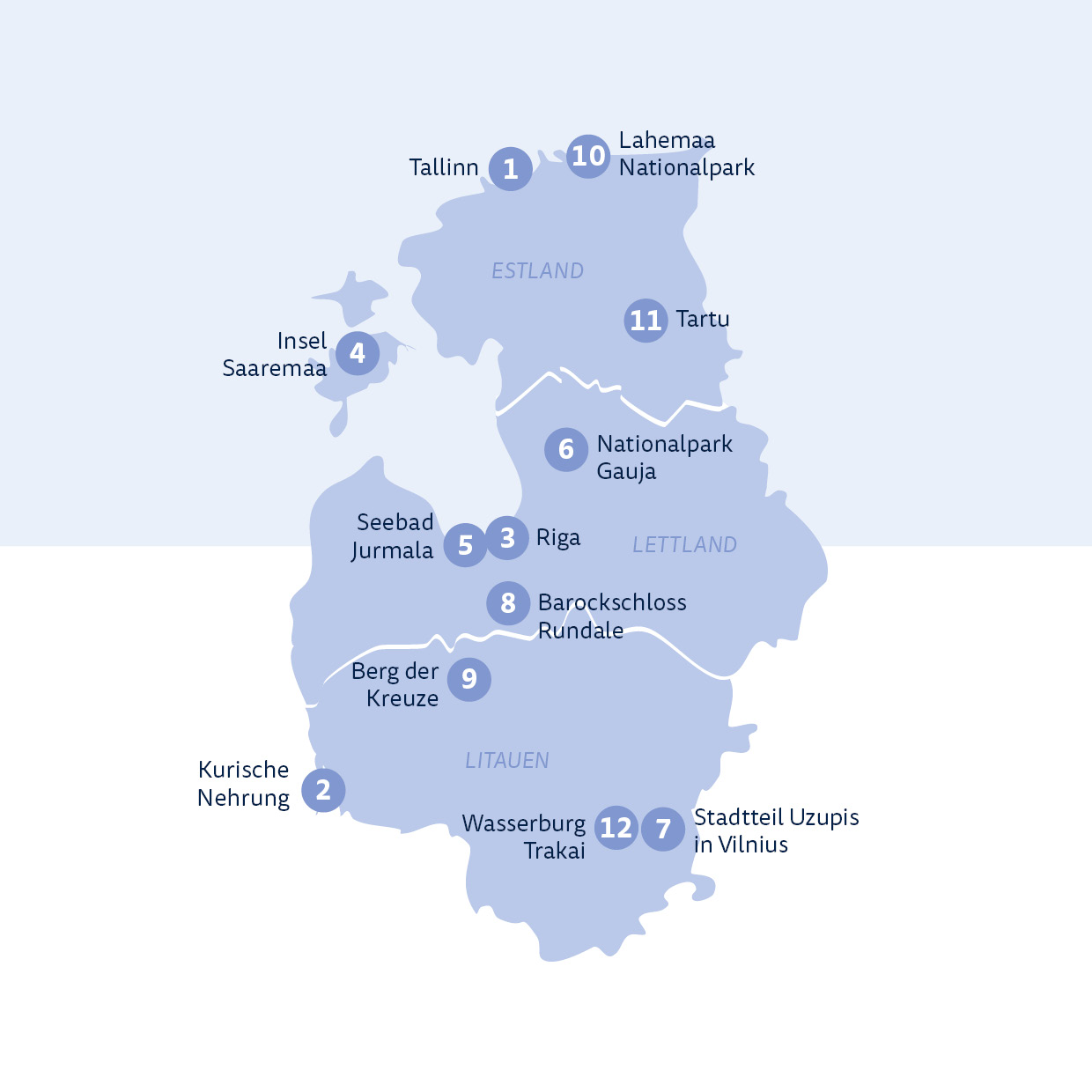 Übersichtskarte des Baltikums mit markierten Highlights in Estland, Lettland und Litauen, darunter Tallinn, Riga, Vilnius, Nationalparks, Kurische Nehrung, Saaremaa, Wasserburg Trakai und das Barockschloss Rundale.