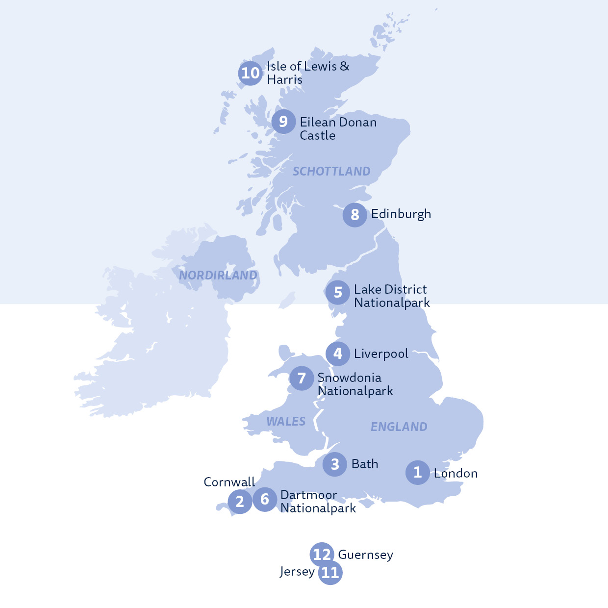 Auf dem Bild ist eine Karte von Großbritannien abgebildet, auf der unsere Lieblingsorte eingezeichnet sind. All diese Orte sind unsere persönlichen Highlights.