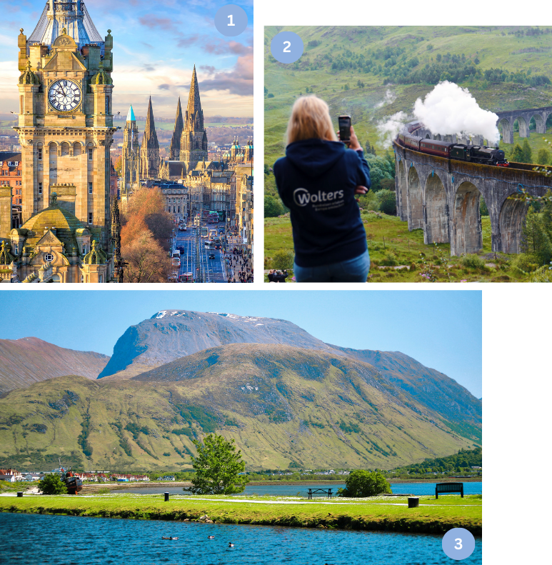 Collage mit drei Motiven: Edinburghs Altstadt mit Uhrturm bei Sonnenuntergang, der Jacobite Steam Train beim Glenfinnan Viadukt und Ben Nevis, Schottlands größter See vor einem See. Kombination aus Stadt, Bahnromantik und Naturerlebnis.
