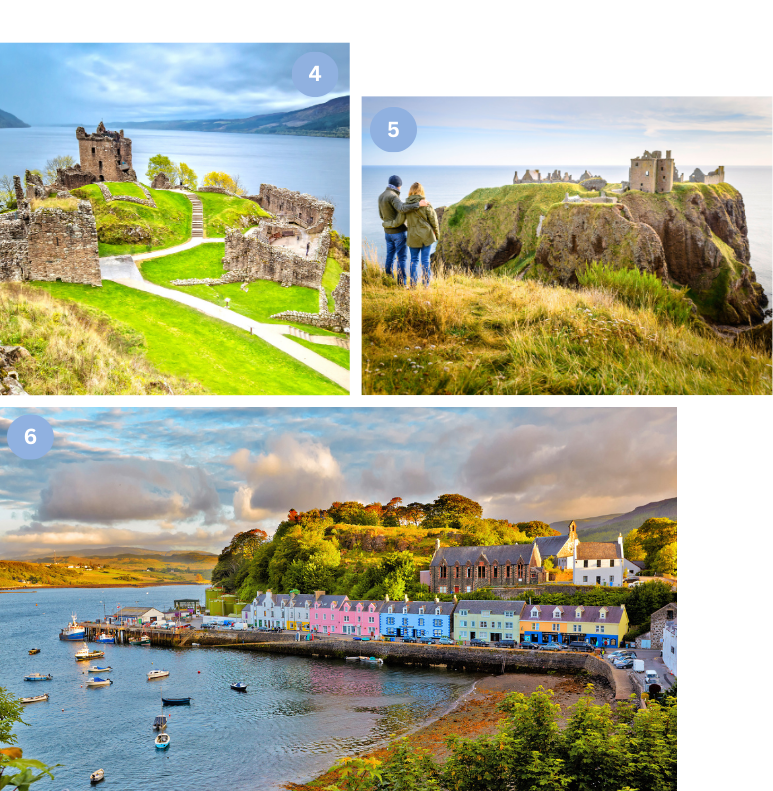 Collage mit drei Bildern: 1) Burgruine von Urquhart Castle am Loch Ness, 2) Besucher vor Dunnottar Castle auf einer Klippe über dem Meer, 3) Hafen von Portree mit bunten Häusern auf der Isle of Skye.