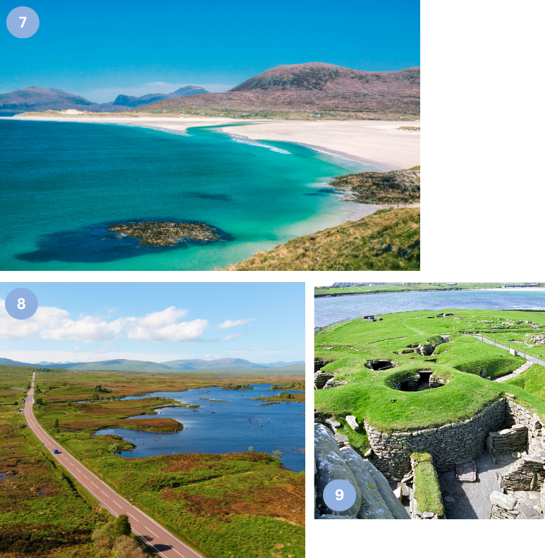 Collage mit drei Bildern: 1) weißer Sandstrand auf der Isle of Harris, 2) Panoramastraße durch die Moorlandschaft von Lewis, 3) Ausgrabungsstätte Skara Brae auf den Orkney-Inseln mit grasbewachsenen Ruinen.