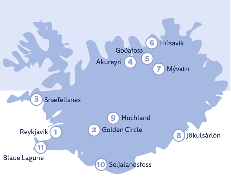 Karte von Island mit markierten Sehenswürdigkeiten wie Golden Circle, Snæfellsnes, Goðafoss, Jökulsárlón und Blaue Lagune – Übersicht für Islandreisen.