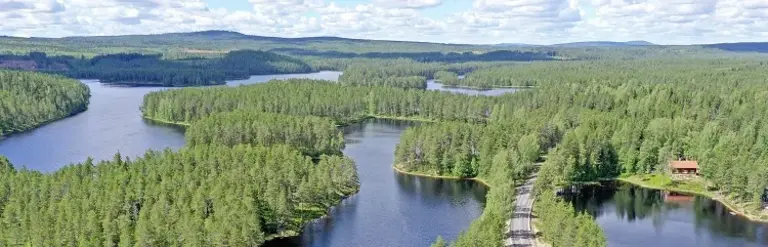 Dalarna - Idyllische Seen und Wälder im Herzen Schwedens Luftaufnahme einer Seenlandschaft mit dichten Wäldern in Dalarna. Klare Gewässer, grüne Wälder und ein rotes Holzhaus spiegeln die schwedische Naturidylle wider.